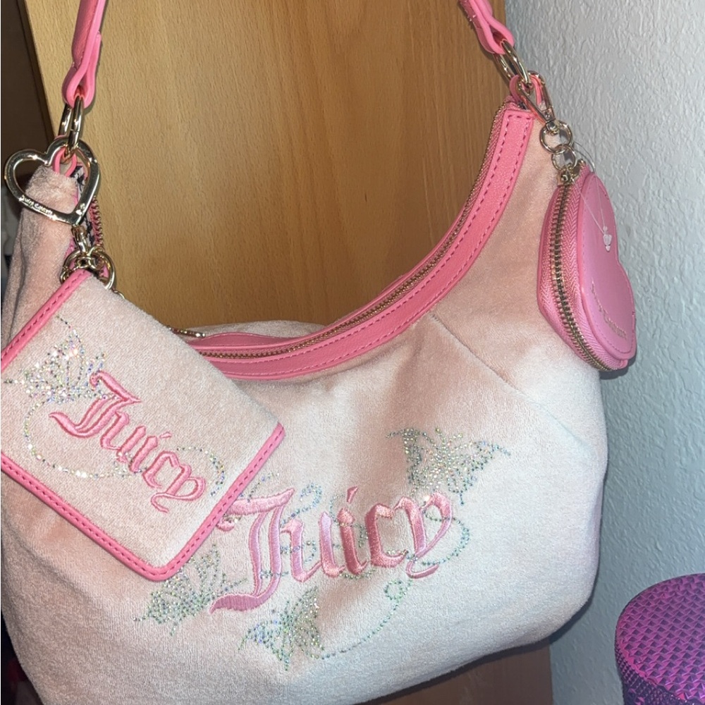 Juicy Couture Light Pink Velvet Shoulder Bag with Coin Pouch
